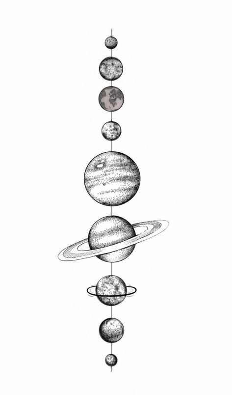 Spine Tattoos Astrology, Solar System Tattoos, Solar System Spine Tattoo, Astronomy Tattoos, Spine Tattoos Solar System, Solar System Arm Tattoo, Solar System Geometric Tattoo, Black And White Solar System Tattoo, Black Hole Tattoo