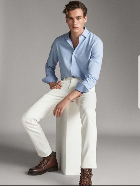 White Pants Outfit Mens, Pastel Outfit Men, Light Blue Shirt Outfit, Confident Men, Mens Office Wear, White Pants Outfit, Semi Formal Attire, Semi Formal Outfits, Look Office