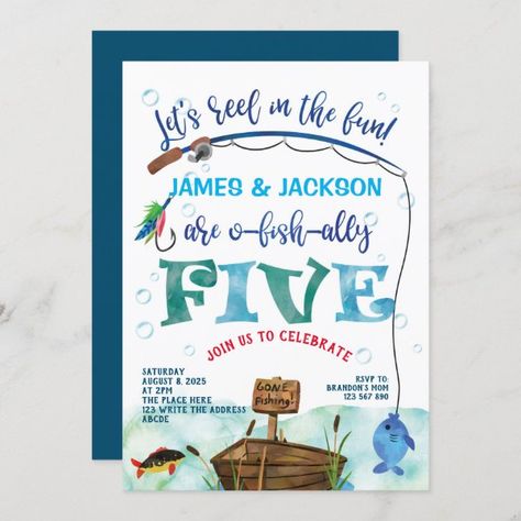 Twins O-fish-ally Little Fisherman 5th birthday Invitation Save The Date Birthday, 5th Birthday Invitation, Fishing Theme Birthday, Fishing Themed Birthday Party, Third Birthday Invitations, Fishing Birthday Party, O Fish Ally, Twins 1st Birthdays, Fishing Birthday