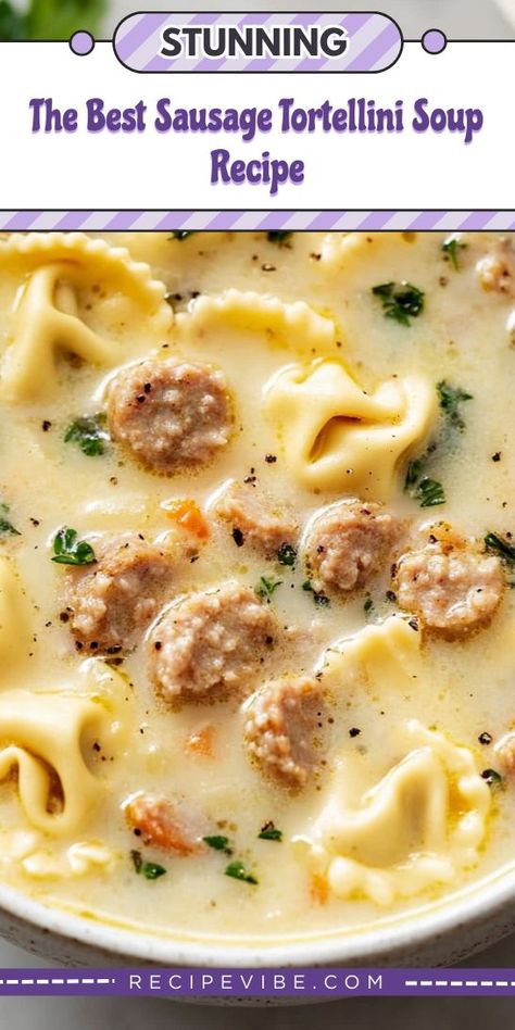 Indulge in the ultimate comfort food with this delicious Sausage Tortellini Soup Recipe. Packed with juicy sausage, creamy tortellini, and an array of fresh veggies, this soup is a quick and easy meal solution. Perfect for busy weeknights, it’s a wholesome dish that everyone will love. Try it tonight! Sausage Cheese Tortellini, Cozy Dinner Recipes, Creamy Sausage Tortellini Soup, Creamy Sausage Tortellini, Slow Cooker Tortellini Soup, Soup With Beef, Creamy Tortellini, Creamy Tortellini Soup, Sausage Tortellini Soup