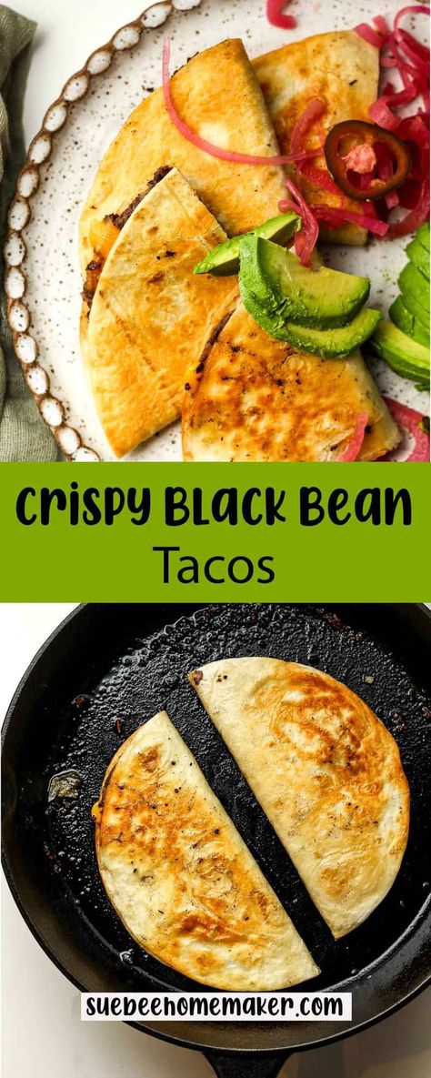 Enjoy these Crispy Black Bean Tacos - a perfect combination of crunchy tortilla shells filled with seasoned black beans, fresh veggies, cheddar cheese, and zesty toppings. This culinary experience will truly satisfy your cravings for a delicious and wholesome meal. Spicy Pickled Onions, Crispy Black Bean Tacos, Crispy Black Bean, Seasoned Black Beans, Mexican Quinoa Salad, Homemade Salsa Verde, Chunky Guacamole, Bean Burritos, Cilantro Lime Sauce