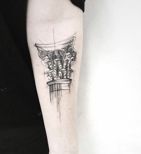 Small Architecture Tattoo, Pillar Tattoo Design, Pillars Tattoo, Greek Pillar Tattoo, Architect Tattoo Ideas, Greek Architecture Tattoo, Architectural Tattoo, Pillar Tattoo, Architect Tattoo