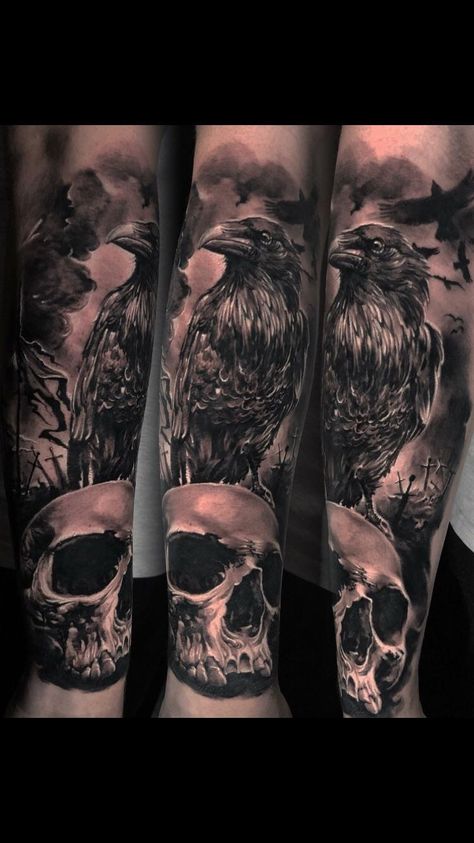 Crow And Skull Tattoo, Crow Skull Tattoo, Crow Tattoo Meaning, Skull Tattoo Sleeve, Crow And Skull, Black Crow Tattoos, Rabe Tattoo, Mens Body Tattoos, Crow Tattoo Design