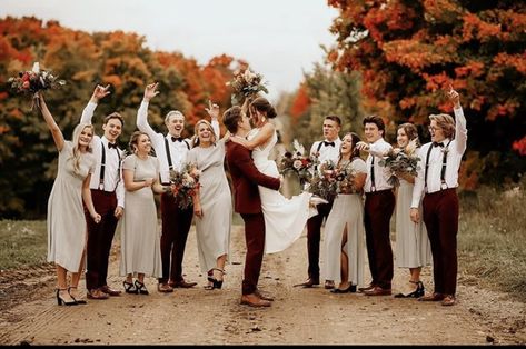 Maroon Groom Suit Bridesmaid Dresses, Maroon And Tan Wedding Theme, Groom Burgundy Suit Bridesmaid Dresses, Champagne And Burgundy Wedding Groomsmen, Beige Suit With Red Tie, Wine Bridesmaid Dress With Groomsmen, Burgundy And Tan Wedding Party, Tan And Maroon Wedding, Tan And Burgundy Wedding