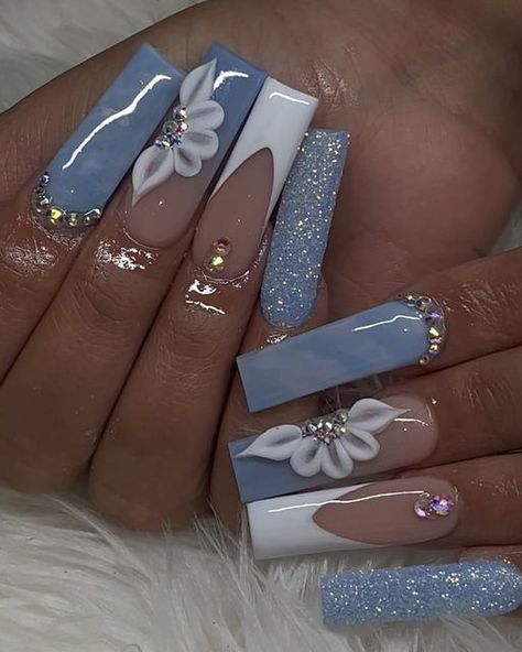 Cinderella Blue Nails For Prom, Nail Art With Rhinestones Simple, Navy Blue White Nails, Navy Blue Nail Designs For Prom, Blue Inspired Nails, Medium Length Nails Acrylic Square Design, Vacation Nails Long, Quince Nails Pink, Promotion Nails