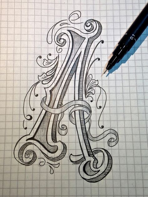 https://flic.kr/p/dMQn7v | Sketch - Letter A for Alphabet | Absolutely no idea what it´s good for, but it´s an A.. Inspired by all the cool lettering, old sign painters and gilded letters. Alfabet Letters, The Letter A, Drawing Letters, Creative Lettering, Lettering Styles, Illuminated Letters, Cool Lettering, A Pen, Typography Letters