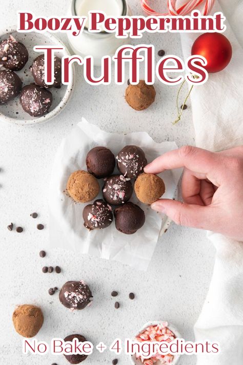 Boozy Peppermint Truffles – A delicious treat made with just 4 simple ingredients – chocolate, peppermint schnapps, butter, and heavy cream! Perfect for any holiday party! Truffle Recipe | Christmas Truffles | Chocolate Truffles | No Bake Truffles | Christmas Desserts #christmas #peppermint #chocolate Boozy Christmas Truffles, Peppermint Mocha Truffles, Boozy Truffles, Alcoholic Chocolate Truffles, Boozy Balls, Boozy Candy, Gingerbread Truffles Easy, Peppermint Oreo Truffles Recipe, Chocolate Peppermint Truffles