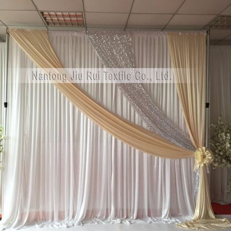 Gold Sequin Backdrop Ideas, Drape Wedding Backdrop, Balloon Walls, Wall Drapes, Gold Drapes, Silver Curtains, Curtains White, Church Interior Design, Ceiling Draping