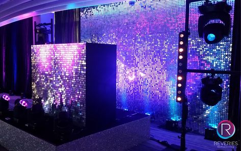 Custom-made shimmering, sparkling, sequin DJ booth for productions, themed parties and events #disco #shimmer #sequin #partyideas #djbooth #studio54 #reveriesevents Disco Dj Booth, Dj Booth Ideas, Dj Decks, Masquerade Party Decorations, Club Decoration, Dj Stand, Tent Decor, Dj Lights, Experiential Design