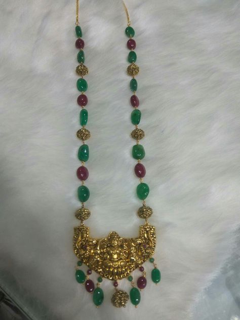 Designer Antique Jewellery with real emaralds and rubies...by Vipul Pendents Gold, Beats Jewellery, Nakshi Jewellery, Lakshmi Devi, Gold Temple Jewellery, Big Pendant, Gold Jewelry Outfits, Beads Collection, Beetroot Powder