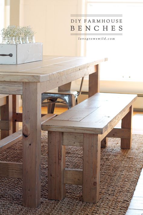 DIY Farmhouse Bench - Love Grows Wild Dining Bench Diy, Farmhouse Bench Plans, Diy Farmhouse Bench, Modern Dining Bench, Farmhouse Bench Diy, Farmhouse Table With Bench, Diy Dining Room Table, Kitchen Table Bench, Room Bench