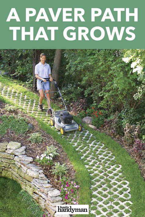 Backyard With Walking Path, Grass Pathway Ideas, Garden With Walking Path, Grass Stone Walkway, Pathway Through Lawn, Cheap Pathways Ideas Walkways Diy, Garden Way Walkways, Walkway On A Hill, Backyard Pathway Ideas Cheap