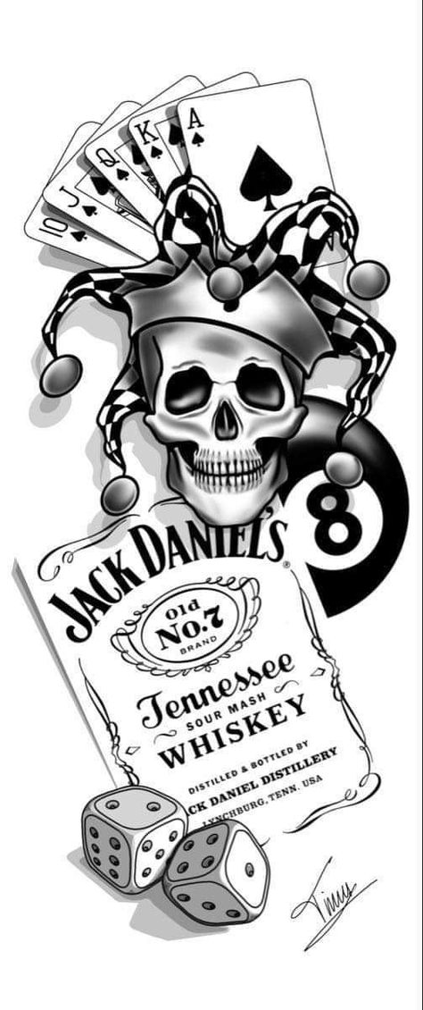 Jack Daniels Drawing, Tattoo Ideas Sleeve Men, Jack Daniels Tattoo Ideas, Gambler Tattoo, Eightball Tattoo, Jack Daniels Tattoo, Joker Card Tattoo, Tattoo Ideas Sleeve, Poker Tattoo