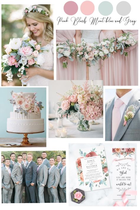 Exquisite color palette with soft and gentle pink and blush tones mixed with cool mint blue and gray hues. Captivating and breathtaking!  #blushwedding, #blushweddingcolorpalette, #pinkandgraywedding, #pinkandmintwedding, #dustymiller, #springwedding, #summerwedding Mint And Pink Wedding Theme, Seaglass And Pink Wedding, Pink Gray Wedding Theme, Blush Pink Color Palette Wedding, Fairytale Wedding Palette, Mint And Blush Wedding, Wedding Color Schemes Blush Pink, Blush Tone Wedding, Blush And Mint Wedding