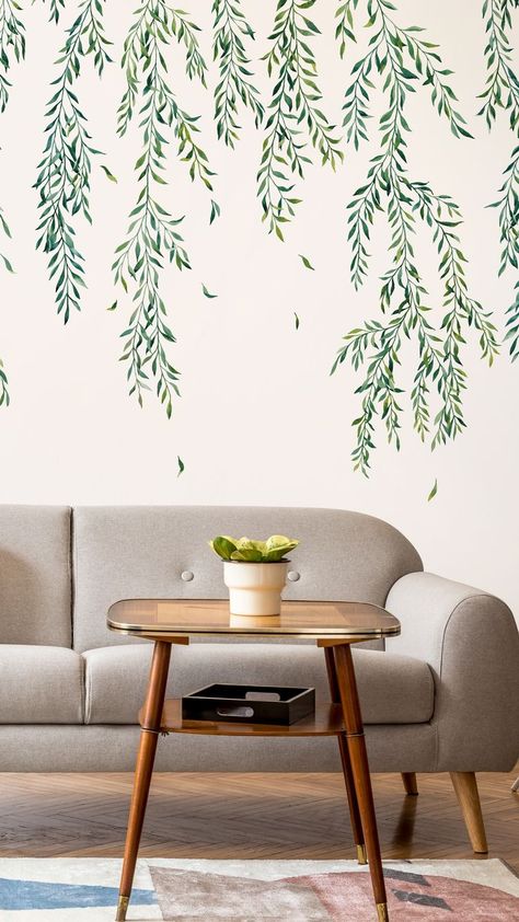 nature; twigs; leaves; wallpaper-mural; wall; interior; design; watercolor-illustration; modern; traditional; leaf; Wall Painting On Green Wall, Easy Nature Wall Mural, Nature Wall Mural Painting, Greenery Wall Mural, Wall Painting Ideas Plants, Guest Room Mural, Living Room Mural Painting, Nature Murals Painted, Nature Accent Wall