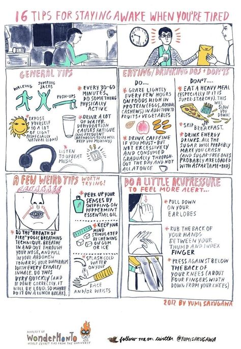 16 tips for staying awake when you're tired how to stay awake in class. | sleep infographic | stay awake cartoon #sleep #study #infographic Visual Notes, Inner Work, Stay Awake, Shiatsu Massage, Uni Life, College Tips, Sketch Notes, School Study Tips, Life Hacks For School