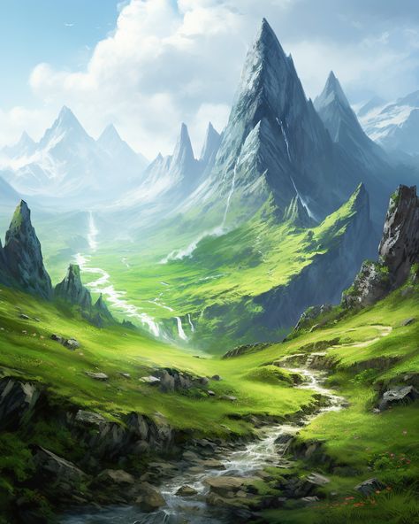 #mountains #landscape #green #fantasy Fantasy Setting Village, Fantasy Fields, Castle Painting, Painting Reference, Fantasy Background, Mountains Landscape, Landscape Concept, Fantasy City, Fantasy Setting