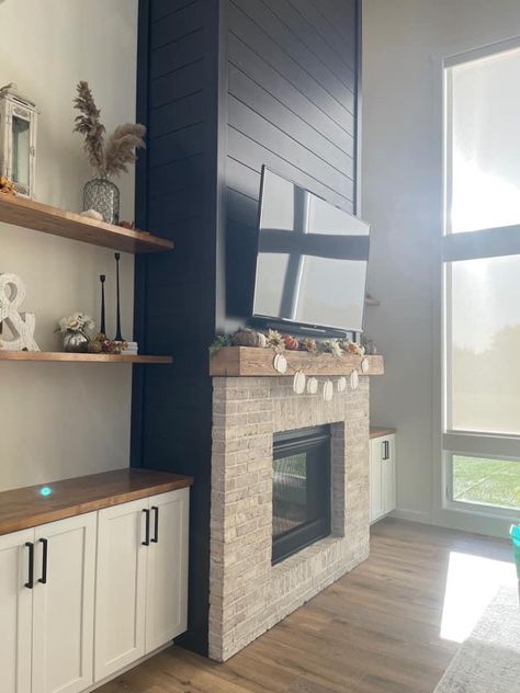 Storage Beside Fireplace, Fireplace With Bookshelves On Each Side, Floating Shelves Fireplace, Black Shiplap Fireplace, Fireplace Cabinets, Fireplace Options, Bathroom Redecorating, Tv Over Fireplace, Fireplace Mantel Surrounds