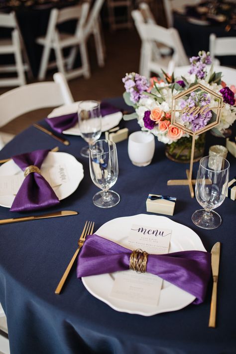 Garden style indoor/outdoor wedding photos- purple and navy wedding colors #seattleweddingphotographer Navy Blue Purple And Gold Wedding, Navy Blue And Purple Wedding Theme, Navy Purple Wedding, Plum And Navy Wedding, Navy And Purple Wedding, Purple And Navy Wedding, Purple Wedding Ceremony, Purple Table Settings, Purple Wedding Tables