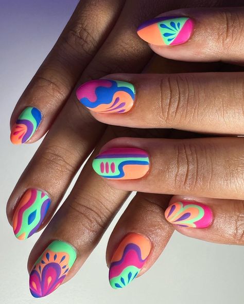 Bright Colour Nail Designs, Crazy Nail Art Unique, Edc Nails Designs, Festival Nail Ideas, Acrylic Nail Ideas, Art Deco Nails, Nail Design Inspiration, Summery Nails, Crazy Nails