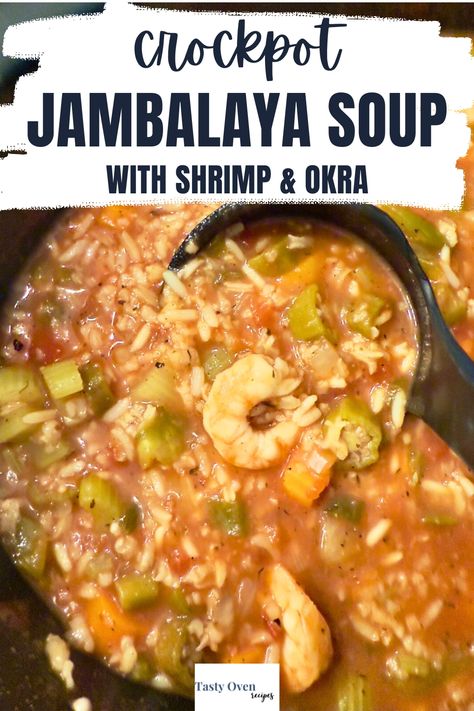 This delicious slow cooked jambalaya soup is full of tender rice, shrimp and southern vegetables cooked in a zesty creole seasoned broth. Southern Vegetables, Crock Pot Shrimp, Jambalaya Soup, Rice Shrimp, Slow Cooker Jambalaya, Warm Soup Recipes, Crockpot Soup, Hearty Lunch, Crockpot Soup Recipes