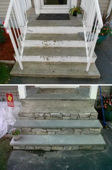 First Impressions Count - How to Increase Your Curb Appeal 2017 Landscape Edging Stone, Concrete Front Steps, Concrete Front Porch, Front Porch Steps, Front Stairs, Front Porch Makeover, Porch Remodel, Stairs Makeover, Small Front Yard