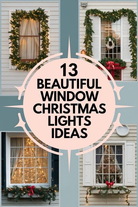 "Four windows decorated with Christmas lights and garlands, featuring a festive holiday theme." Sash Window Christmas Decor, Wreath And Candle In Window, Window Lights For Christmas, Front Window Christmas Decor Outdoor, Christmas Front Window Decorating Ideas, Christmas Lights Around Windows Outdoor, Outside Christmas Window Decorations, Outside Window Christmas Decor Ideas, Christmas Outdoor Window Decorations