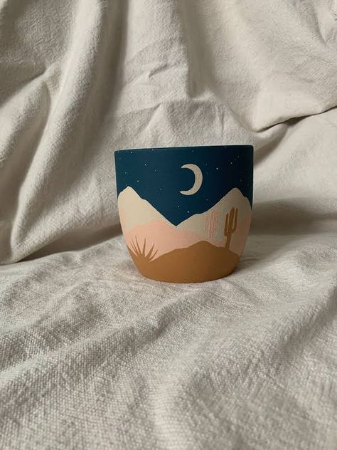 Painted Flower Pots Boho, Night Time Desert, Paint Therapy, Pottery Idea, Custom Pottery, Plant Pot Design, Diy Pottery Painting, Landscape Pattern, Flower Pot Design