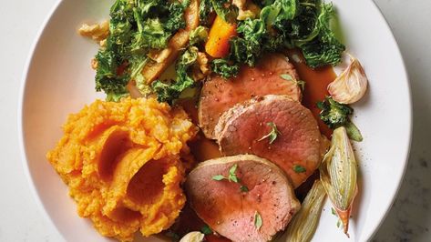 Roast Veal Tenderloin & Sweet Potato Mash Recipe | Booths Supermarket Roast Veal, Veal Roast, Sweet Potato Toppings, Sweet Potato Mash, Roast Vegetables, Tenderloin Roast, Veal Recipes, Sweet Potato Gnocchi, Mash Recipe