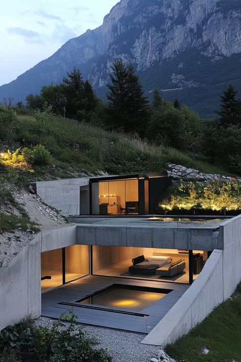 Modern house in a slope underground with stunning mountain view. Check out these innovative modern houses on a slope that make the most of the terrain, turning challenges into stunning architectural features. Modern Underground Homes, House Slope Design, Modern Mountain Mansion, Steep Terrain House, Buildings Built Into Hillsides, Houses On Slopes Architecture, House Built Into Mountain, Modern Mountain House Exterior, Hillside Modern House