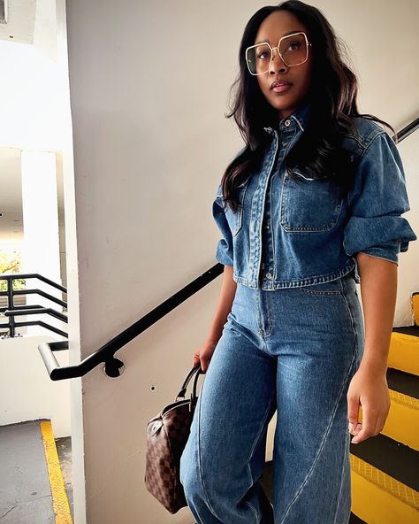 Denim on denim. All season, but especially for fall. Classic and still full of personality, you can’t miss with putting together a denim on denim look. Swipe for vibes and deets while we still have a few of these in the shop. #denimjacket #denimstyle #denimondenim #casualstyle #casualoutfits #everydaystyle #everydayoutfit Denim Outfit Inspiration, Denim Slides Outfit, Denim On Denim Outfits For Women, Denim Outfits Black Women, Denim Day Outfits, All Denim Outfits For Women, Denim On Denim Outfit Black Women, Denim Outfit Black Women, Denim Fall Outfits