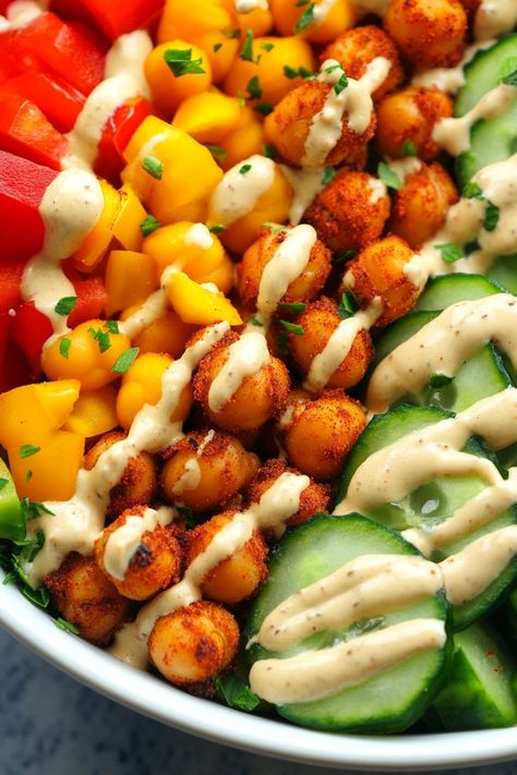 A vibrant, nutrient-packed Buddha bowl filled with spicy chickpeas, fresh veggies, and a creamy tahini sauce for the perfect balance of flavors. #BuddhaBowl #HealthyEats #TahiniSauce Chickpea Buddha Bowl, Buddha Bowl Sauce, Spicy Chickpeas, Tahini Sauce, Buddha Bowl, Fresh Veggies, Bowls Recipe, Tahini, Chickpeas