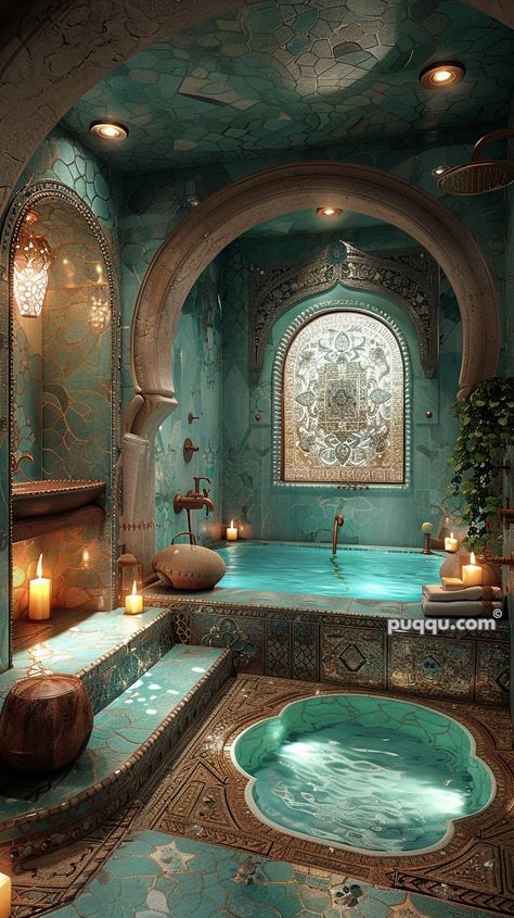 Moroccan Style Bathroom Design Ideas - Puqqu Bohemian Bathrooms, Moroccan Style Bathroom, Moroccan Inspired Bathroom, Book Locations, Moroccan Bathroom, Bohemian Bathroom, Fantasy Rooms, زجاج ملون, Bathroom Design Ideas