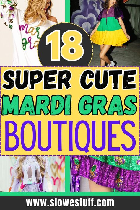 Images of people wearing Mardi Gras themed clothes with heading 18 Mardi Gras Boutique Outfits to wear at Mardi Gras this year with website www.slowestuff.com listed Mardigrass Ideas Outfit Party, Plus Size Mardi Gras Outfits, Mardi Gras Party Outfit, Mardi Gras Outfit Ideas, Mardi Gras Outfits For Women, Mardi Gras Makeup, Mardi Gras Diy, Mardi Gras Nails, Mardi Gras Dress