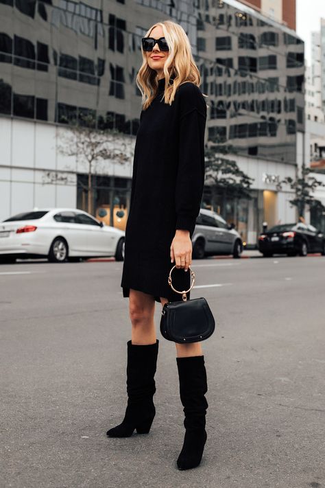 How To Wear Slouchy Boots, Slouchy Black Boots Outfit, Black Sweater Dress Outfit With Boots, Black Slouchy Boots Outfit, Black Suede Slouch Boots Outfit, Slouchy Suede Boots Outfit, Trendy Black Suede Boots, Black Boots With Dress, Black Boots Outfit Knee High