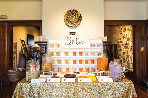 Boba Bridal Party, Bubble Tea Wedding Bar, Bubble Tea Stand Wedding, Boba Tea Wedding, Build Your Own Boba Bar, Boba Stand Wedding, Boba Station Wedding, Boba Station Party, Boba Bar Station Diy