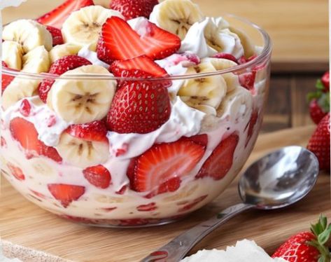 🍓🍌 Dive into Strawberry Banana Cheesecake Salad! Creamy, fruity, and absolutely delightful! #CheesecakeSalad #FruitLovers Strawberry Banana Cheesecake Salad Recipe This creamy, dreamy salad combines strawberries and bananas with a cheesecake twist for a sweet treat that's both refreshing and satisfying. Ingredients: Strawberries, sliced: 300g Bananas, sliced: 200g Cream cheese, softened: 150g Whipped topping, thawed: 200g Vanilla yogurt: 100g Sugar (optional): 30g Vanilla extract: 5ml Dir... Strawberry And Banana, Strawberry Banana Cheesecake Salad, Strawberry Cheesecake Salad, Twisted Recipes, Light Desserts, Strawberry Salad, Trending Recipes, Strawberry Banana, Vanilla Yogurt