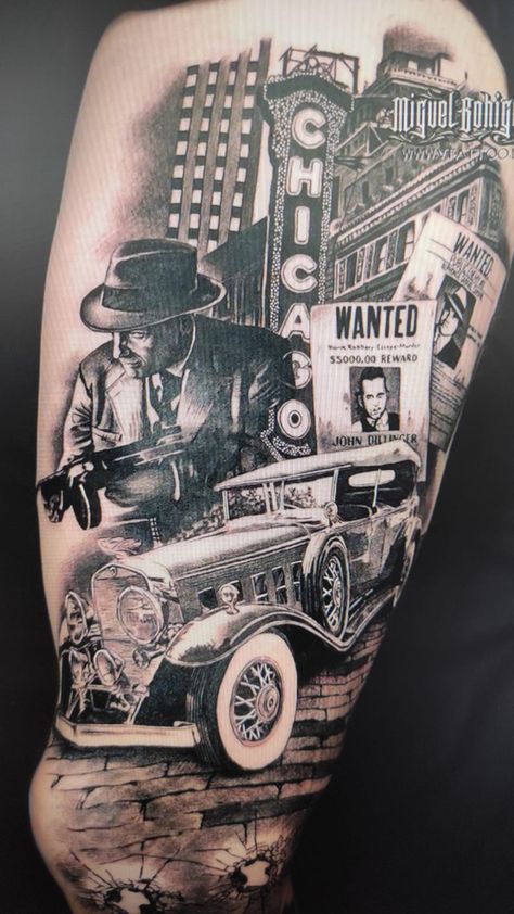 Max Payne Tattoo, Mobster Tattoos For Men, 1950s Tattoos, 1920 Tattoo, 80s Tattoo Ideas, Mafia Tattoo, Tattoo Mafia, Black And Grey Sleeve, Mangas Tattoo