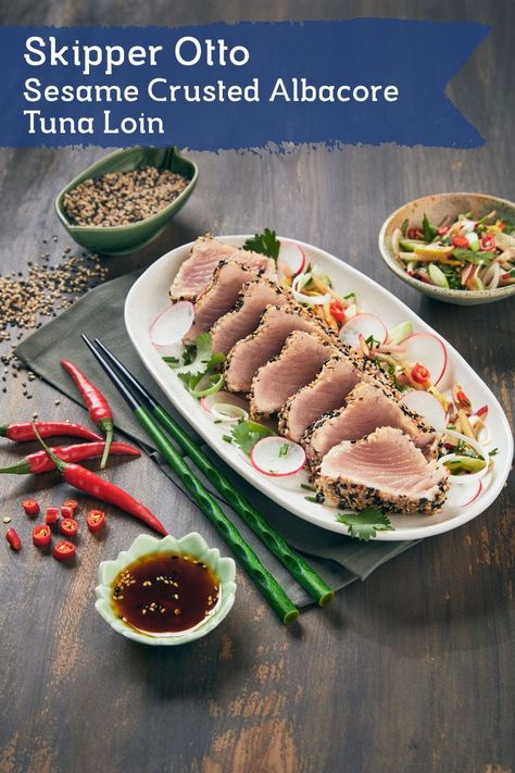 Skipper Otto Sesame Crusted Albacore Tuna Loin Fresh Tuna Loin Recipes, Tuna Loin Recipe Baked, Albacore Tuna Loin Recipes, Tuna Loin Recipe, Fresh Albacore Tuna Recipes, Seared Albacore Tuna, Albacore Tuna Recipes, Fresh Tuna Recipes, Sesame Crusted Tuna