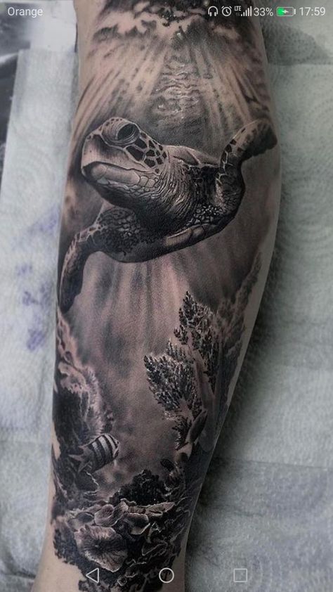 Realism Ocean Tattoo, Ocean Themed Leg Sleeve Tattoo, Ocean Background Tattoo, Black And Grey Underwater Tattoo, Ocean Calf Tattoo, Big Ocean Tattoo, Men Ocean Tattoo, Sea Turtle Tattoo Sleeve, Sea Life Tattoos Men