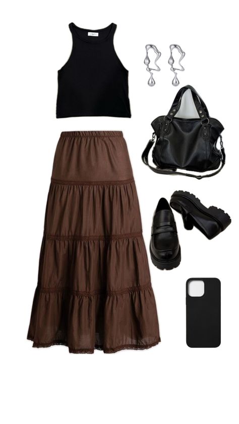 Dark Brown Long Skirt Outfit, Dark Brown Skirt Outfit, Brown Long Skirt Outfit, Brown Long Skirt, Brown Skirt Outfit, Long Skirt Outfit, Long Brown Skirt, Long Skirt Outfits, Outfit Collage