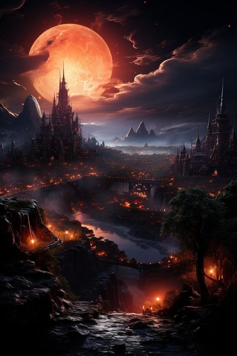 Underworld Fantasy Landscape, Dark Fantasy Kingdom Art, Fire World Fantasy Art, Dark Fantasy City Art, Dark Fantasy World Landscapes, Fire Castle Fantasy Art, Fantasy Dark Kingdom, Fire Kingdom Fantasy Art, Dark Kingdom Fantasy Art