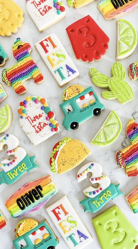 Three Esta Birthday Cookies, Fiesta Cookies Decorated Birthday, Fiesta Birthday Cookies, Mexican Theme Cookies Fiesta Party, 30th Birthday Fiesta Cookies, Three Esta Birthday Party, Taco Birthday Cookies Decorated, Pj Ideas, Fiesta Cookies