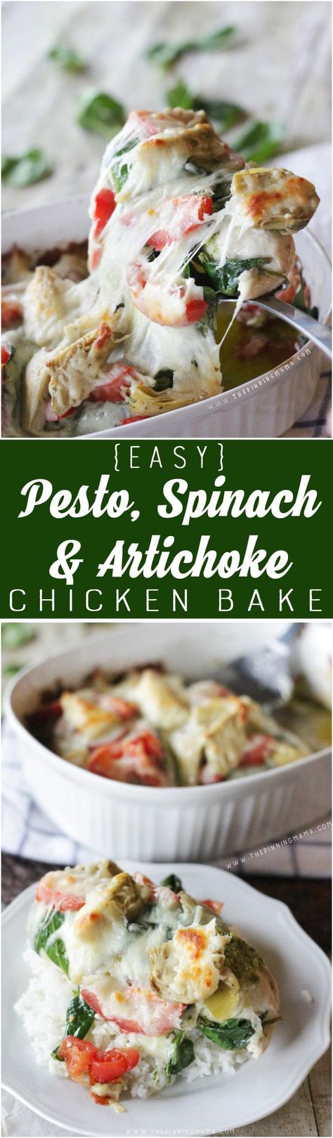 Easy + Healthy + Delicious = Dinner Trifecta! Easy Pesto Spinach Artichoke Chicken Bake. Who knew delicious was so easy! Spinach Artichoke Chicken Bake, Mushroom And Spinach Lasagna, Artichoke Chicken Bake, The Pinning Mama, Chicken Bake Recipe, Pesto Spinach, Spinach Artichoke Chicken, Artichoke Chicken, Healthy Weeknight Meals