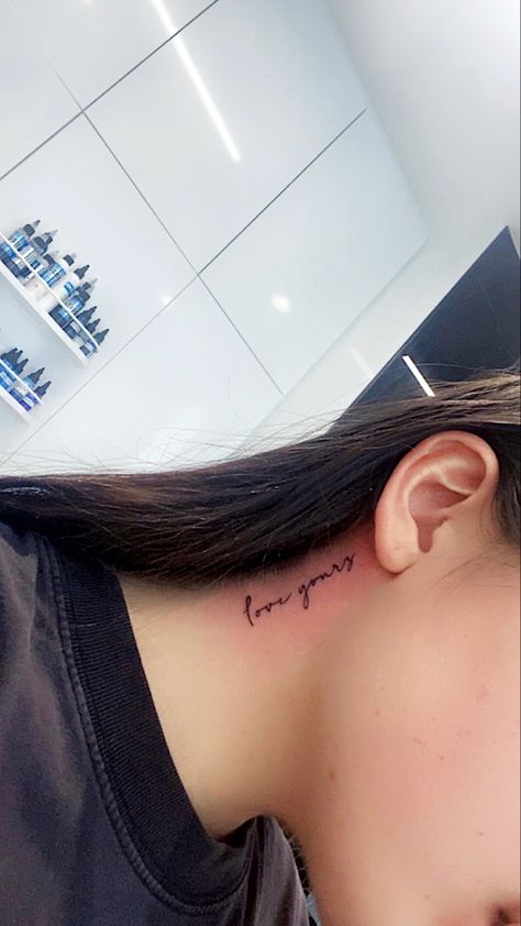 Love Yourz J Cole Tattoo Red, Love Yourz J Cole Tattoo Neck, Love Yourz J Cole Tattoo Behind Ear, 4 Your Eyes Only J Cole Tattoo, Love Yourz J Cole Tattoo Cursive, Neck Tattoo Fine Line, Word Neck Tattoos Women, Cursive J Tattoo, Cursive Neck Tattoo