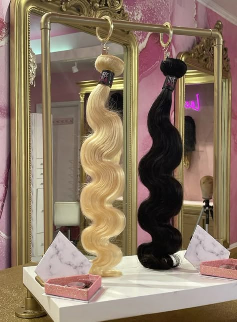 Hair Bundle Display Ideas, Salon Window Display, Beauty Bar Ideas, Workspace Ideas, Hair Extension Salon, Clothing Racks, Hair Extension Shop, Salon Suites Decor, Glam Aesthetic