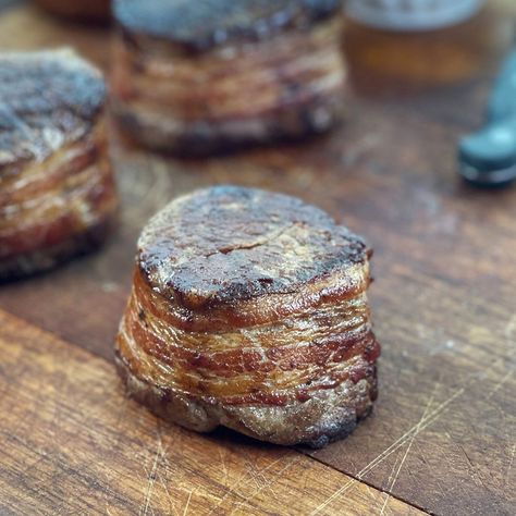 Bacon-Wrapped Filet Mignon (With Crispy Bacon) Bacon Wrapped Filet Mignon, Steak Bacon, Bacon Wrapped Tenderloin, Steak On Stove, Bacon Wrapped Steak, Bacon Wrapped Beef, Bacon Wrapped Filet, Bacon Snacks, Steak Wraps