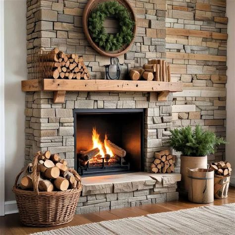 25 Farmhouse Fireplace Ideas for a Timeless Look Rustic Fireplaces Farmhouse Style Stone, Fireplace Cottage Style, Large Rock Fireplace, Rustic Gas Fireplace Ideas, Rustic Fireplaces Rock, Off Centered Fireplace Ideas, River Rock Fireplace Makeover, Rustic Fireplaces Farmhouse Style, Farmhouse Stone Fireplace With Huge Tv