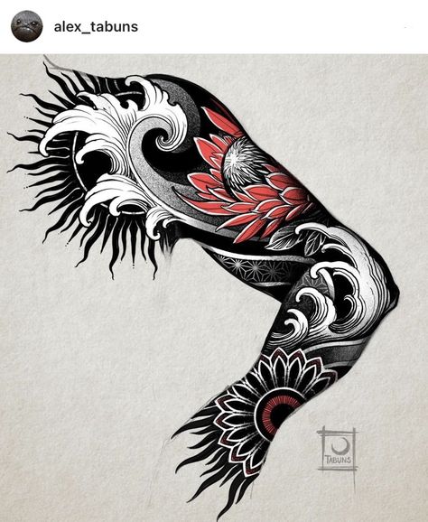 Asian Style Tattoo Sleeve, Full Arm Japanese Tattoo, Japanese Ornament Tattoo, Japanese Waves Tattoo Design, Wave Japanese Tattoo, Traditional Japanese Wave Tattoo, Modern Japanese Tattoo Designs, Wave Arm Tattoo, Water Tattoo Sleeve