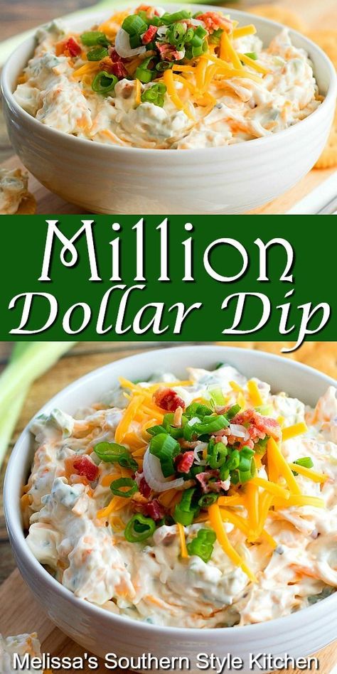 Million Dollar Dip is perfect for year-round snacking #milliondollardip #diprecipes #appetizer #bacondip #easyrecipes #partyfood #tailgating #recipes #southernfood #southernrecipes Million Dollar Dip Recipe, Easy Chip Dip, Million Dollar Dip, Chip Dip Recipes, Cold Dip Recipes, Best Dip Recipes, Bacon Dip, Dip Recipes Easy, Buffalo Chicken Dip